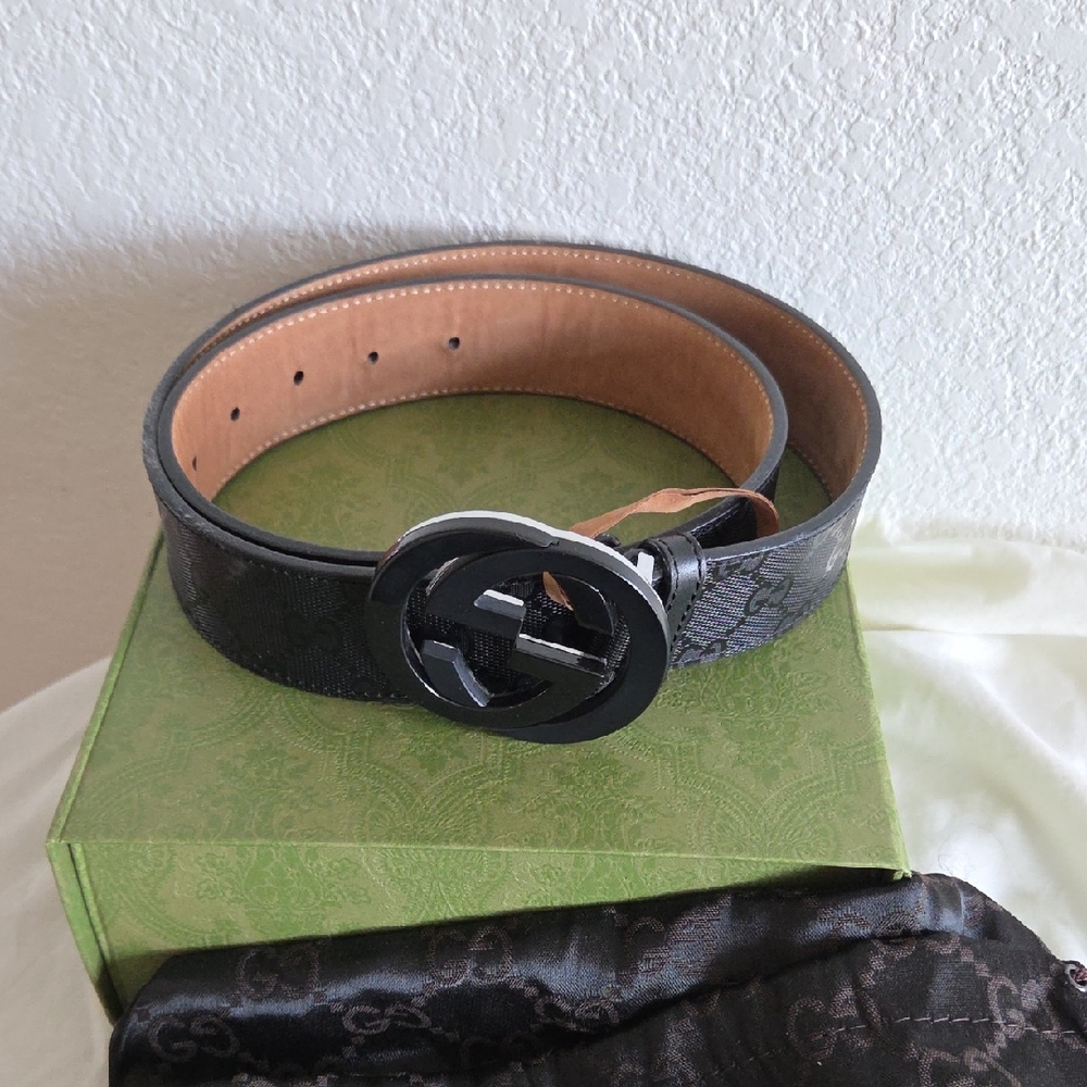 Gucci Black Imprime Interlocking GG Logo Belt Size 90/36